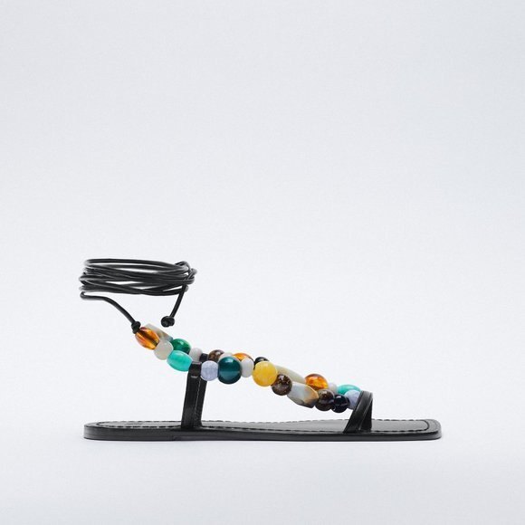 Black Zara Bead Embellished Strap-Ankle Low Heel Squared-Toe Sandals (NWT) - Picture 2 of 7